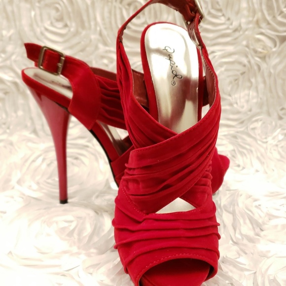 Qupid Shoes - Qupid Red Velvet Slim Stiletto Platform Heels Sz 9